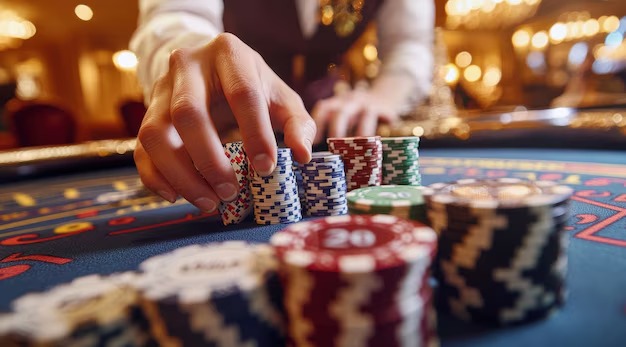Multi-camera view of live Casino Hold'em studio with overhead card display and dealer